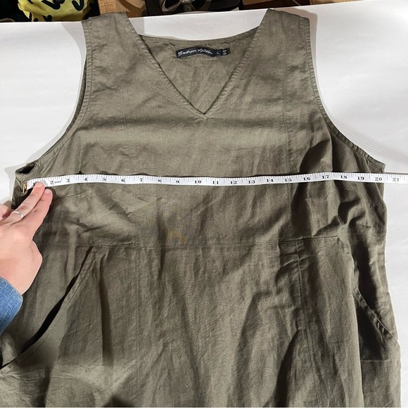 GUDRUN SJODEN ~ Olive Green Linen Tank Dress with Asymmetric Hem - Picture 10 of 11